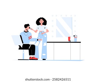 Female Makeup Artist with Male Customer in Beauty Studio in Flat Vector Illustration Symbolizing Professional Makeup Services, Glamour, and Beauty Industry, Isolated on White Background