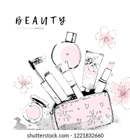 Female Makeup Bag With Perfume, Mascara, Brush, Lipstick, Face Cream And Cosmetic Products Sketch Style Background. Hand Drawn Black And White Ink Fashion Illustration For Modern Sale Banner Design.