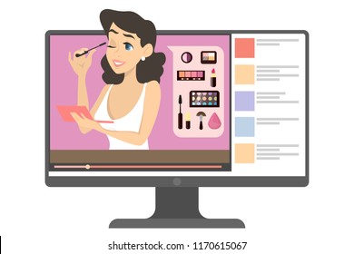 Female makeup blogger in the internet. Video content with woman doing makeup tutorial. Beauty and fashion. Isolated vector illustration in cartoon style.