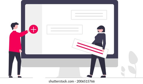 Female And Male Add Task With Add Icon, Icon Description Task  Computer Screen. Vector Illustrations