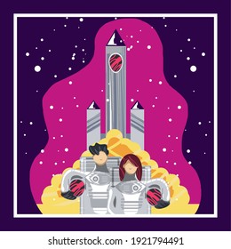 female and male astronaut spaceship explore space vector illustration