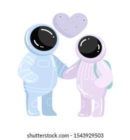 Female and male astronauts in love holding hands vector illustration