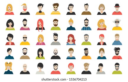 Female an male avatar heads. Various type of women and men faces. Vector.  