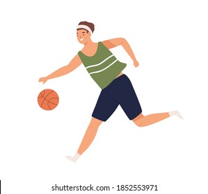 Female or male basketball player running with ball. Portrait of young athletic man or woman playing professional sport game. Flat vector cartoon illustration isolated on white background