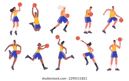 Female or male basketball players. Athletes characters with ball. People in sport uniform. Men or women team game. Persons play streetball. Sportsman motions. Vector