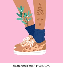 Female or male brown legs with dagger tattoo in the sneakers. Leopard print sport footwear. Cool stylish shoes. High navy socks. Hand drawn vector colored trendy fashion illustration. Flat design