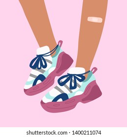 Female or male brown legs with patch in the sneakers. Cool bright sport footwear. Ugly stylish platform shoes. Hand drawn vector colored trendy fashion illustration. Flat design