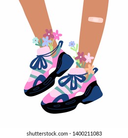 Female or male brown legs with patch in the sneakers. Cool bright sport footwear with flowers. Ugly stylish platform shoes. Hand drawn vector colored trendy fashion illustration. Flat design