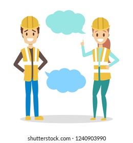 Female and male builder in uniform. Character standing at a speech bubble. Talk with construction worker. Flat vector illustration
