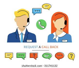 Female and male call centre operator with headset. Flat contour moderm style