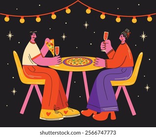 Female and male cartoon characters eating pizza at restaurant on a date during Saint Valentine's Day vector illustration in groovy funky style. Romantic couple relationship design concept