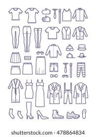 Female and male casual clothes, garment outline vector icons. Fashion shirt and dress, coat and jacket illustration