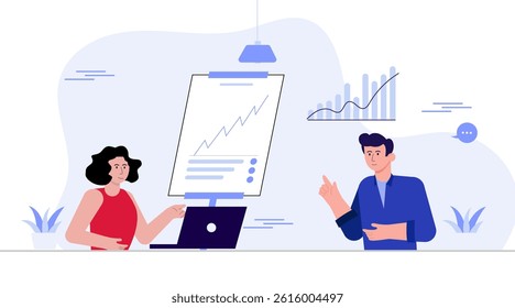 Female and male character discussing graph report. digital strategy concept. flat illustration