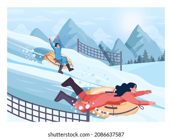 Female and male character on snow tube riding downhill. Young friends in outwear snow tubing. Winter extreme sport activities. Flat vector illustration