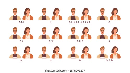 Female and male character practicing english speech. Mouth expressions and positions. Different sounds pronunciation set for animation. Flat vector cartoon illustration isolated on white background