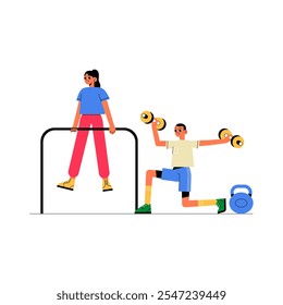 Female And Male Characters Exercising On Gym Equipment In Flat Vector Illustration Symbolizing Fitness, Strength, And Health, Isolated On White Background