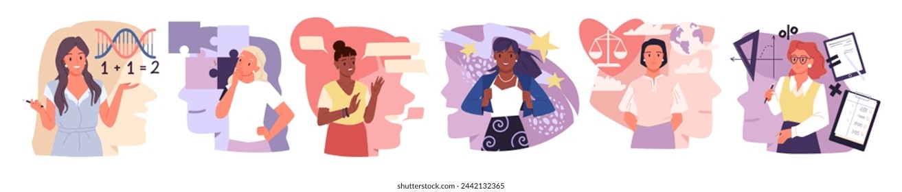 Female and male characters with focus on emotion or logic thoughts cartoon vector illustration. MBTI typology of people with different types of personality, creative thinking and behavior, psychology