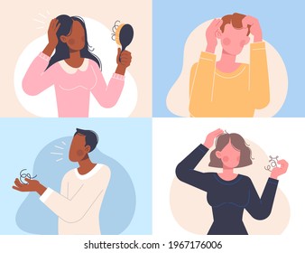 Female and male characters loosing hair. People with a comb and with a tuft of hair in their hands. Hair loss, baldness, alopecia in young age, hair problems. Set of flat cartoon vector illustrations