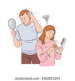 Female and male characters losing hair. People with a comb and with a tuft of hair in their hands. Hair loss, baldness, alopecia in young age, hair problems. Flat cartoon vector illustration on white.