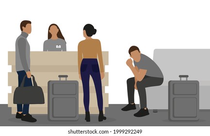 Female and male characters with luggage waiting at the check-in counter