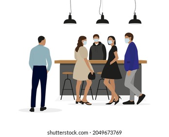 Female and male characters in medical masks stand at the bar table, while male character without medical mask looks at them on a white background