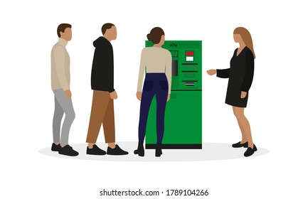 Female and male characters near the ATM on a white background