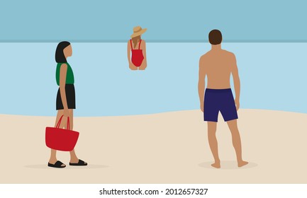 Female and male characters in the summer on the beach