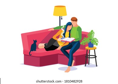 Female and Male Characters together at home, couple relaxing on the weekend, leisure and love concept. Time for books, time for leisure relax at home. Isometric Illustration Flat Vector.