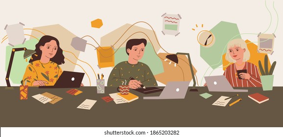 Female and male characters working on laptop. Cute hand drawn flat vector illustration  with abstract background. Drawing for card, poster, postcard