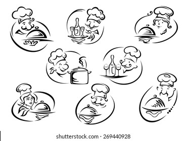 Female and male chefs in toques holding trays with dishes, pan, bottles and glasses in doodle sketch style for restaurant or cafe logo and emblems design