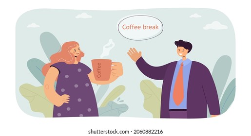 Female and male colleagues talking during lunch break. Woman holding big coffee mug flat vector illustration. Coffee break, communication concept for banner, website design or landing web page