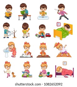 Female and male collection of boy girl activities, sleeping in bed, brushing teeth, reading books, playing games set isolated on vector illustration
