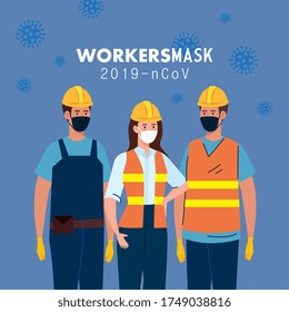 female and male constructers with uniforms and masks design of Coronavirus 2019 nCov workers theme Vector illustration