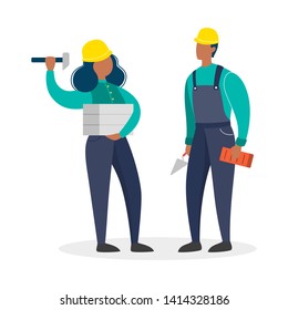 Female and male construction worker couple. People in the uniform, professional builder. Character in the helmet. Isolated vector illustration in cartoon style