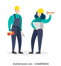 Female and male construction worker couple. People in the uniform, professional builder. Character in the helmet. Isolated vector illustration in cartoon style