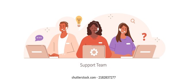 Female and male customer service operators wearing headsets talking with clients and helping solve problems. Online support, helpdesk and FAQ concept. Vector illustration.