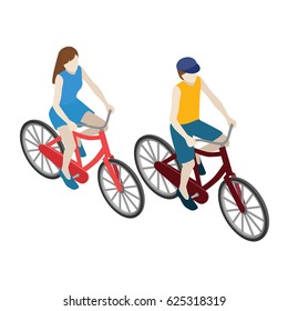 Female and male cyclists riding on a bicycle. Flat 3d isometric vector illustration