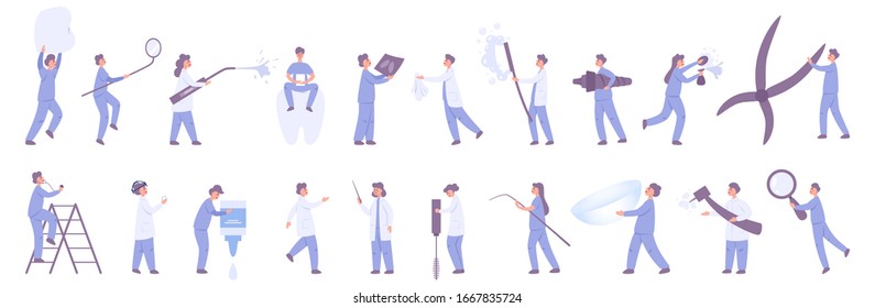 Female and male dentist and ophthalmologist set. Doctor in hospital uniform holding medical tool. Medicine and healthcare concept. Vector illustration in cartoon style