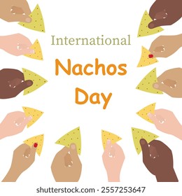 Female and Male different nationalities hands hold nachos Rectangular Frame border with Inscription