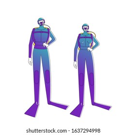 Female and male Divers in diving suites. Isolated on white background. Flat style vector illustration.