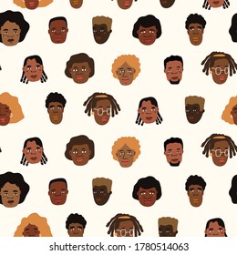 Female and male diverse faces of different ethnicity seamless pattern can be used for wallpapers, pattern fills, web page backgrounds, surface textures.Hand drawn vector illustration.