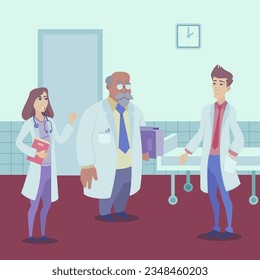 Female and male doctors in hospital ward vector illustration. Cartoon drawing of medical professionals in uniform. Medicine, healthcare, profession or occupation conce