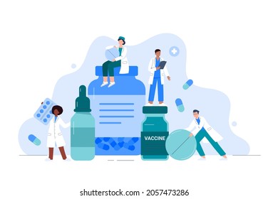 Female and male doctors presenting drugs, antibiotic pills, vitamins, and bottles. Vector flat illustration.