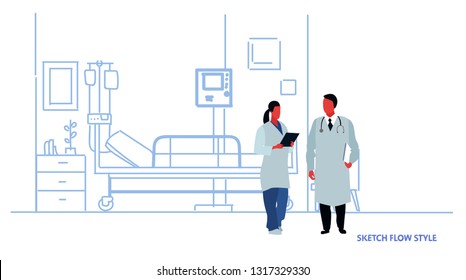 female male doctors in uniform discussing hospital room interior intensive therapy patient ward with bed couple clinic workers team full length sketch flow style horizontal