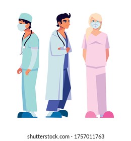 female and male doctors with uniforms and masks design of Medical care health and emergency theme Vector illustration