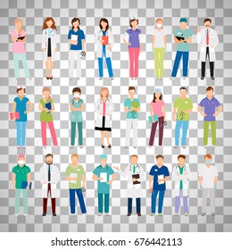 Female and male doctors and women and man nurse set vector illustration isolated on transparent background. Vector healthcare hospital medical team