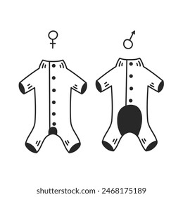 Female and Male Dog clothes variation icons. Doggy fashion outfit difference icons with man and woman symbols. Jumpsuit with various holes. Outline cartoon vector illustration. Doodle sketch style.