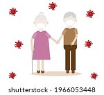 female and male Elderly person wearing standing on a white background with corona Covid-19 virus. Health care concept. Cartoon vector illustration.