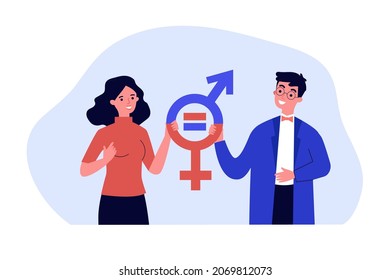 Female and male entrepreneurs with gender equal symbols. Professional parity between men and women flat vector illustration. Gender equality concept for banner, website design or landing web page