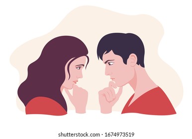 Female and male face looking each other and thinking vector flat illustration. Visual contact of suspicious man and woman isolated on white background. Pensive cartoon people contemplating